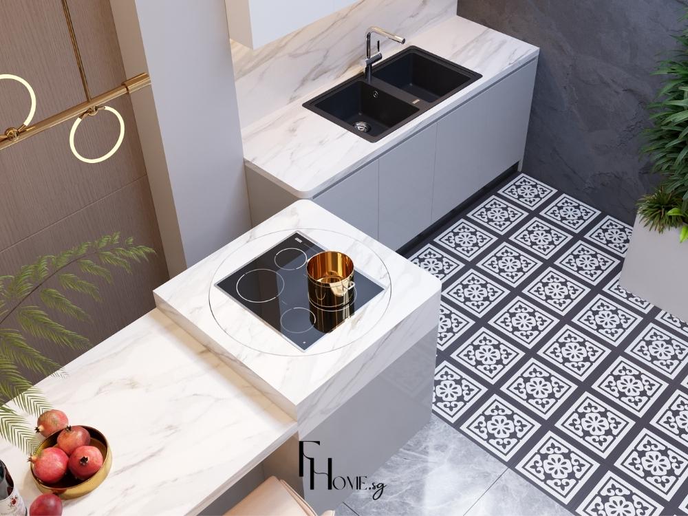 Phòng bếp nhà phố 5x20m gần giếng trời hoặc cửa sổ giúp không gian thoáng đãng, khử mùi hiệu quả và tạo môi trường nấu nướng dễ chịu.