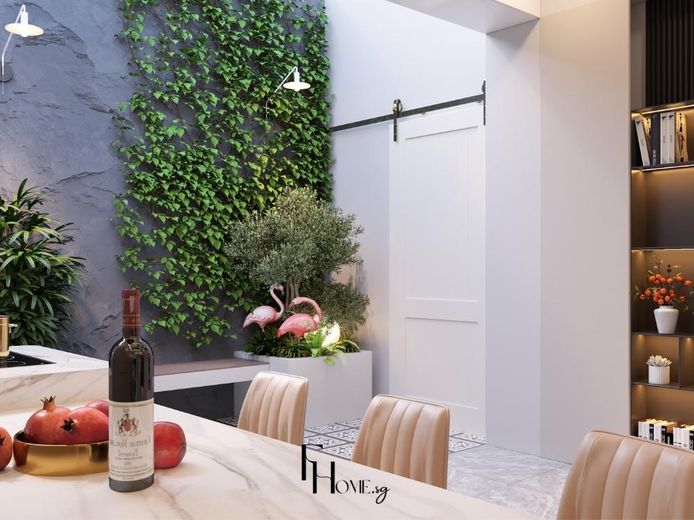 Phòng bếp nhà phố 5x20m hiện đại, thiết kế tối giản với vật liệu kính và bê tông