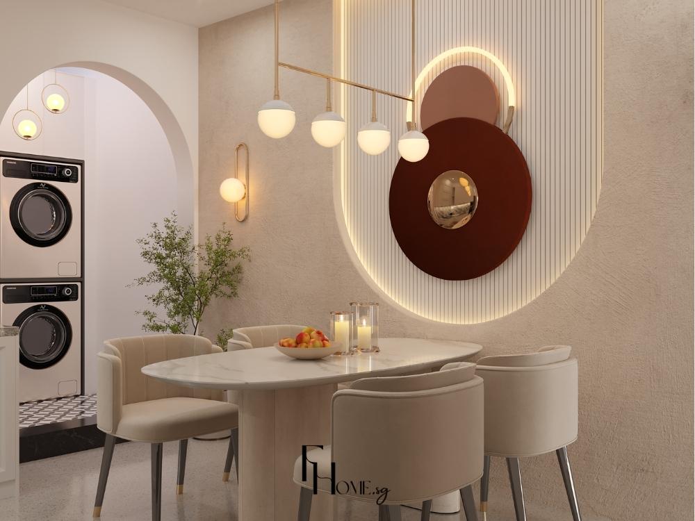 Phòng bếp nhà phố 5x20m với bàn ăn sang trọng màu trắng kem