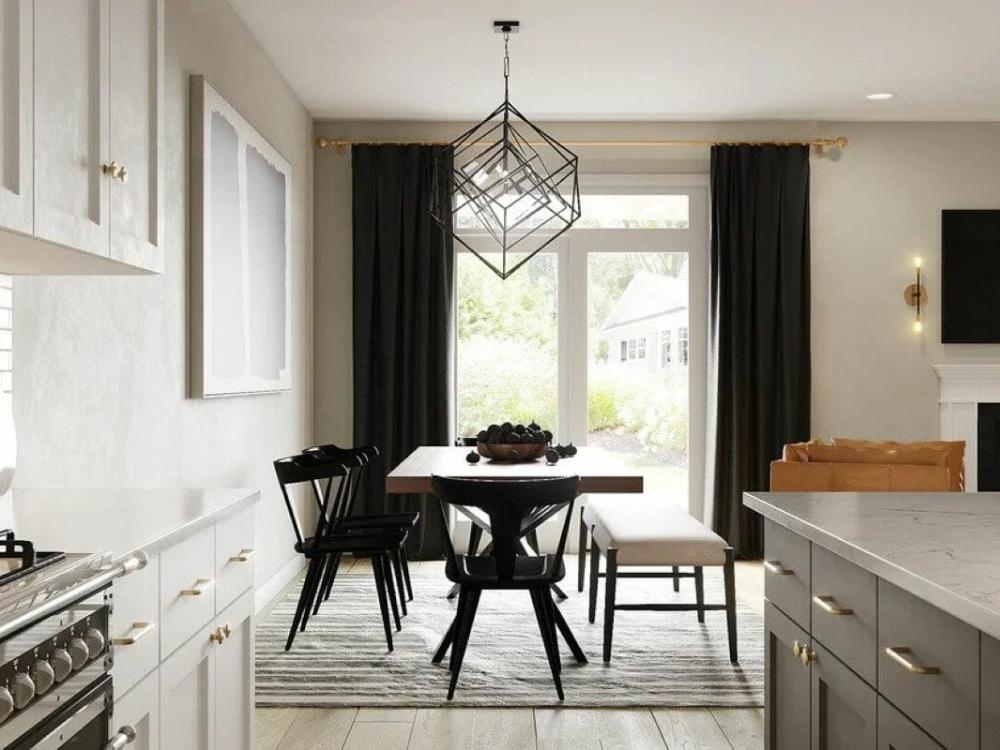 Phòng bếp nhà phố 90m² 1 tầng thiết kế liên thông với phòng khách, sử dụng nội thất đa năng