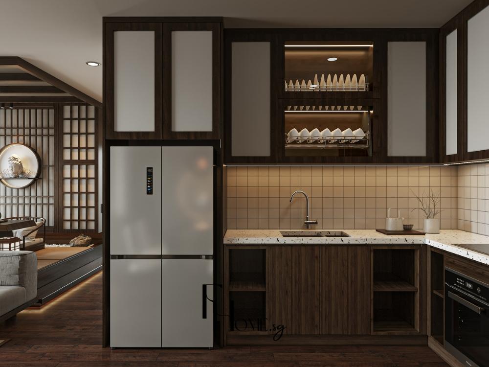 Phòng bếp nhà phố 90m² bố trí liền mạch với phòng khách, tối ưu diện tích và công năng theo nguyên tắc tam giác vàng