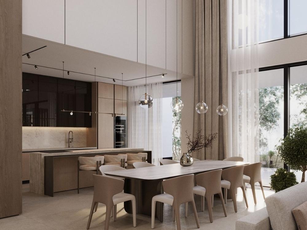 Phòng bếp nhà phố cao cấp trên 500m², thiết kế với đá marble, gỗ óc chó, bàn ăn lớn