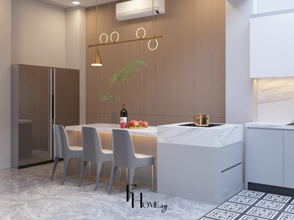 Phòng bếp nhà phố hiện đại kết hợp bộ bàn ăn sang trọng