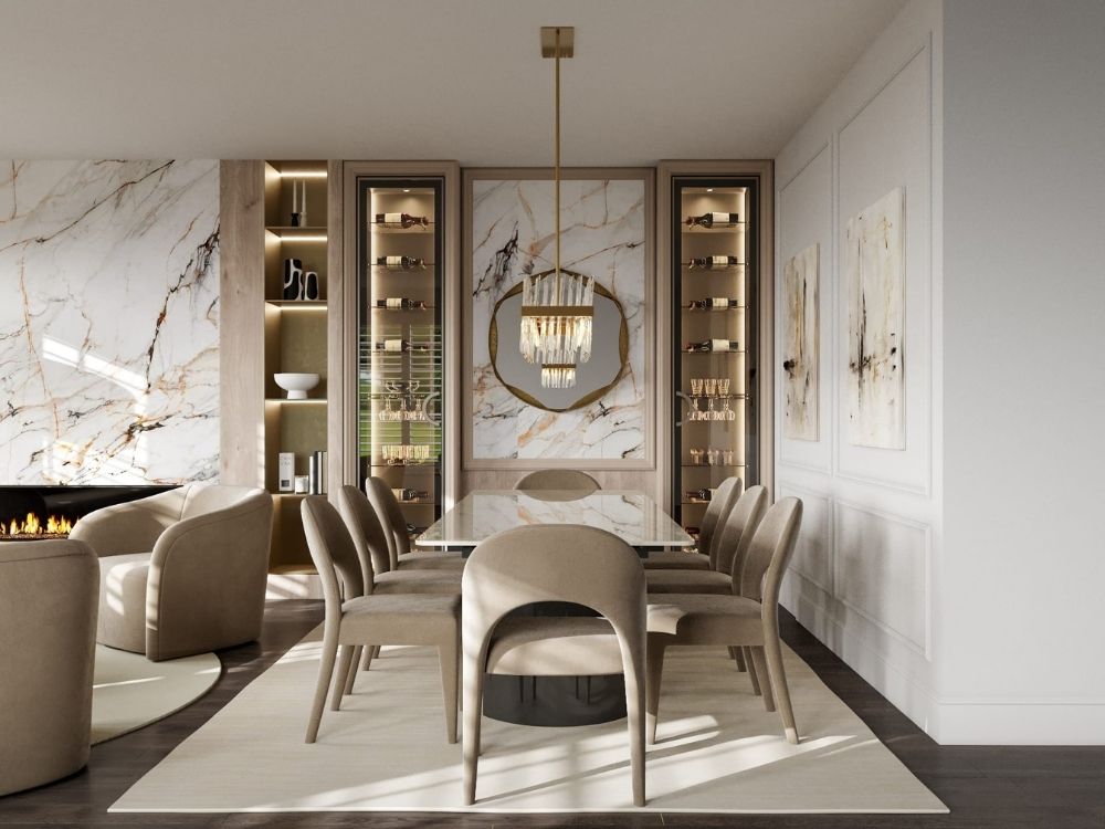 Phòng bếp nhà phố nhỏ thiết kế hiện đại với bộ bàn ăn lớn