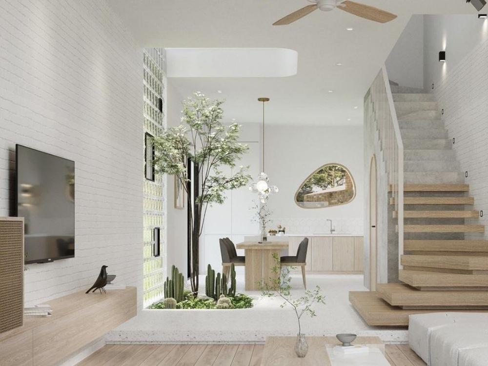 Phòng bếp nhà phố phong cách Tối giản liên thông phòng khách