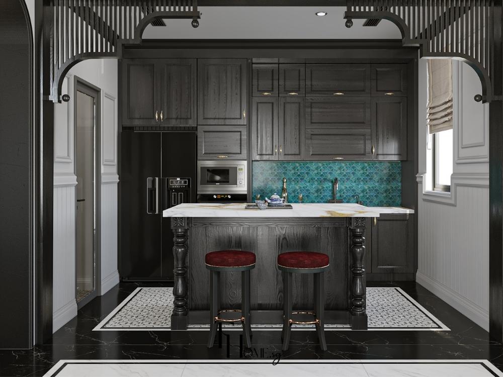 Phòng bếp nhà phố, thiết kế với tủ bếp đen, mặt đá trắng, đèn trần ấm áp, sàn gạch sáng màu
