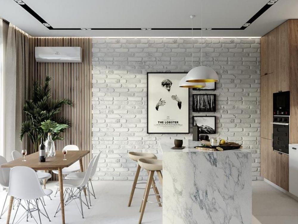 Phòng bếp phong cách Bắc Âu với gỗ sáng màu và gam màu trắng chủ đạo