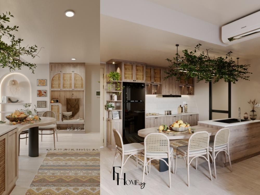 Phòng bếp phong cách Bohemian trong căn hộ 75m² sử dụng tủ bếp gỗ sồi, bàn ăn gỗ mộc, ghế tre và đèn thả ánh vàng