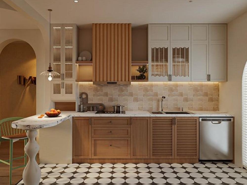 Phòng bếp phong cách Đông Dương sử dụng gạch bông và các chi tiết trang trí truyền thống