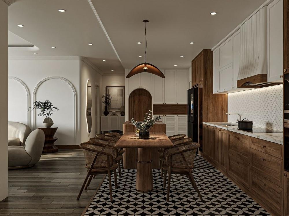 Phòng bếp phong cách Đông Dương với các điểm nhấn như gạch bông