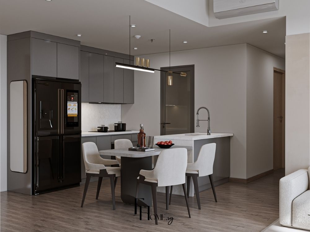 Phòng bếp phong cách Hiện đại với các bề mặt trơn nhẵn, vật liệu hiện đại và bố trí mở