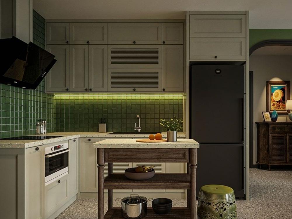 Phòng bếp phong cách Indochine kết hợp giữa yếu tố hiện đại và truyền thống, với gỗ tự nhiên và các chi tiết thủ công mỹ nghệ