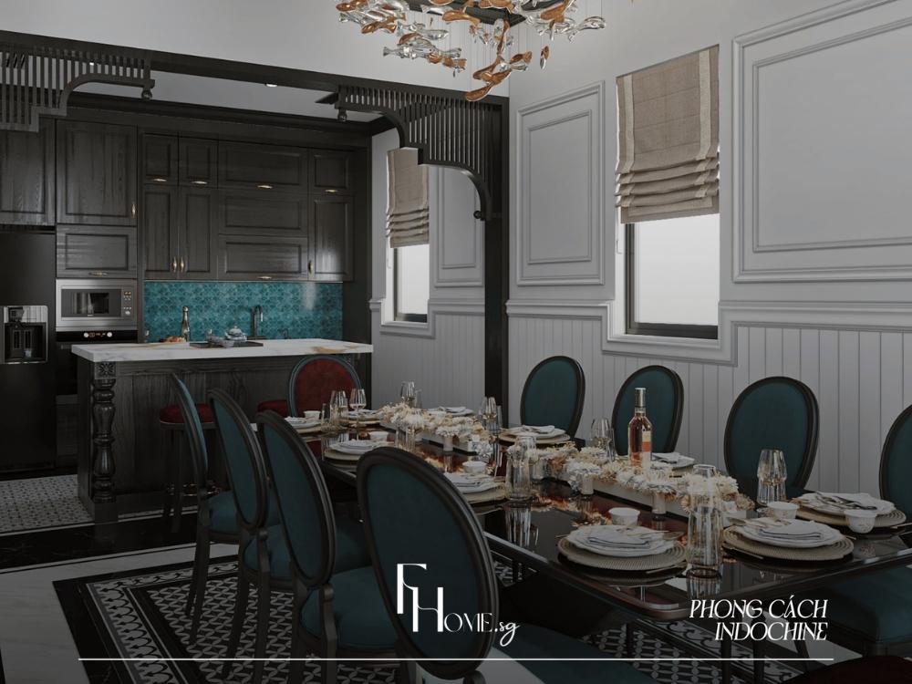 Phòng bếp phong cách Indochine kết hợp hài hòa giữa đường nét cổ điển và vật liệu tự nhiên