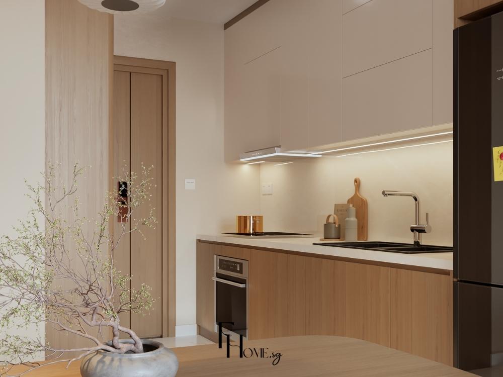 Phòng bếp phong cách Japandi sử dụng gỗ sồi và cây xanh trang trí