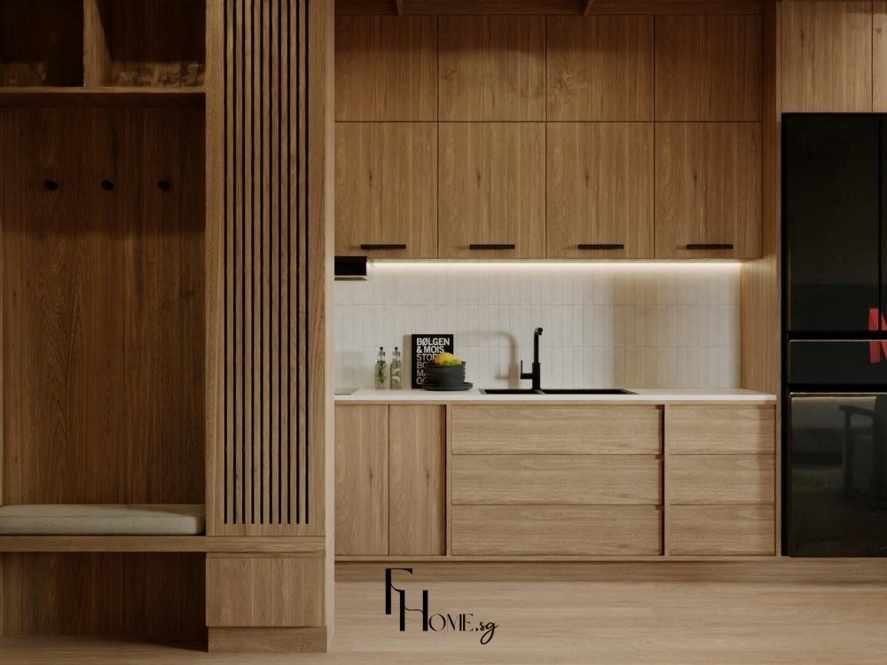 Phòng bếp phong cách Japandi với bàn bếp đá marble, kệ gỗ tối giản và ánh sáng tự nhiên