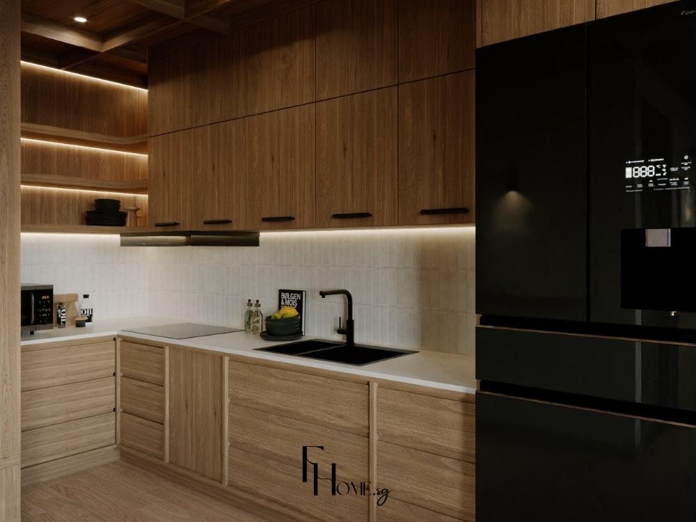 Nhà Phố 5x20m phòng bếp phong cách Japandi với tủ bếp gỗ sáng, không gian mở