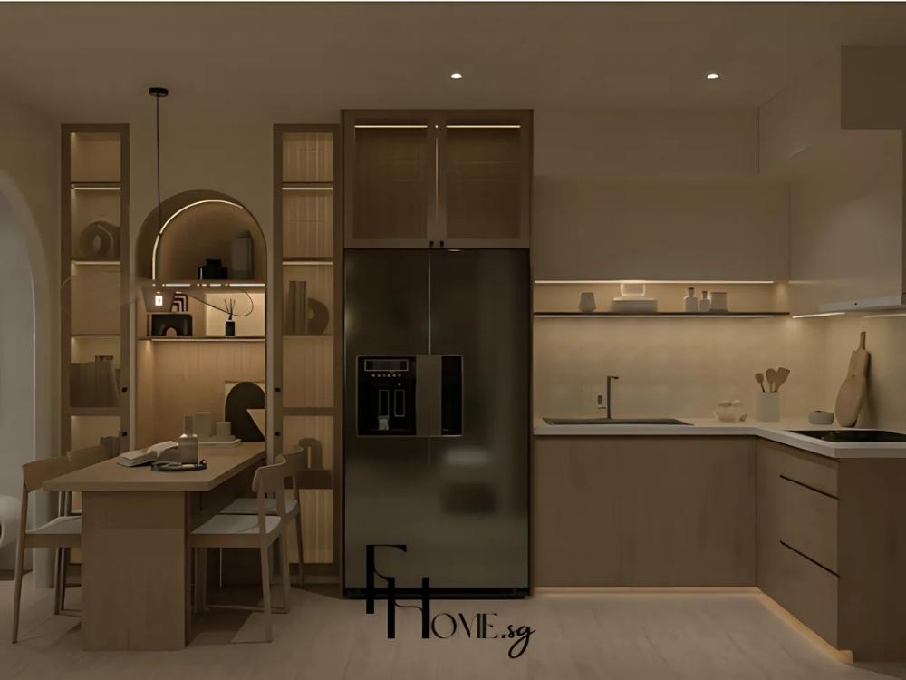 Phòng bếp sang trọng với tủ bếp gỗ sồi, bếp đảo và quầy bar