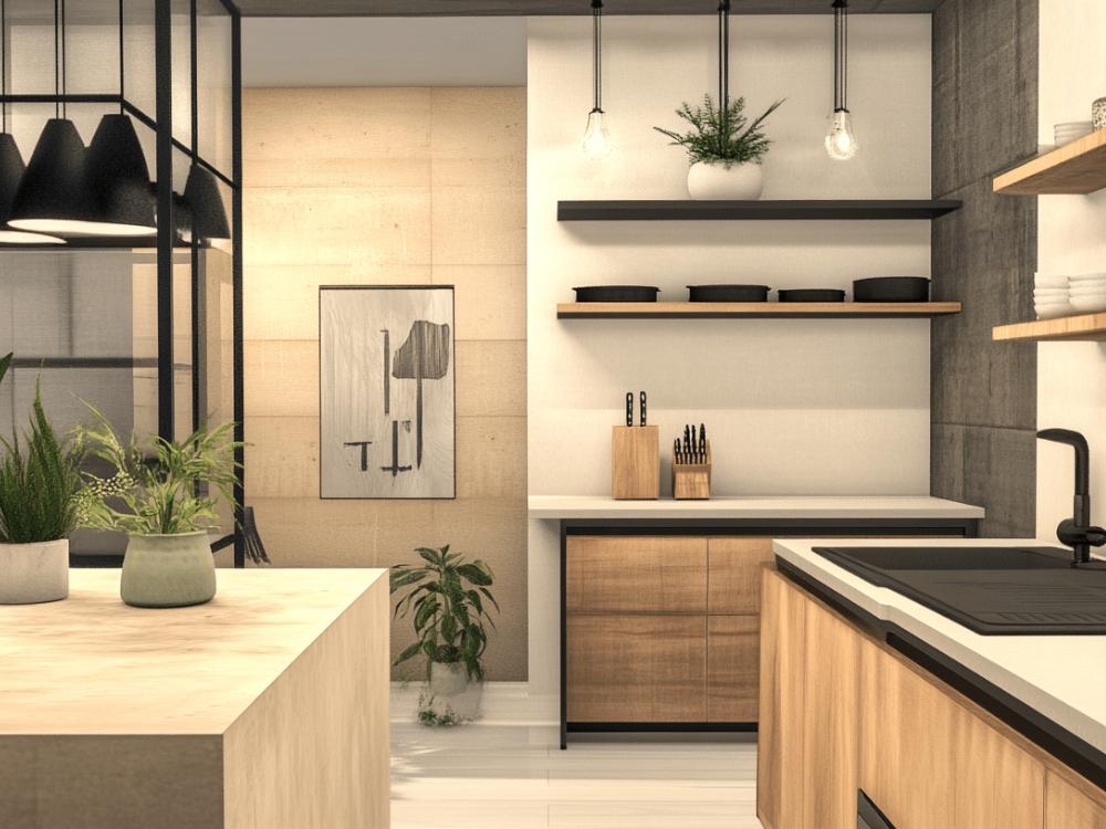 Phòng bếp phong cách Japandi với vật liệu gỗ và tre, tạo không gian nấu nướng ngăn nắp, tinh tế, đầy cảm hứng