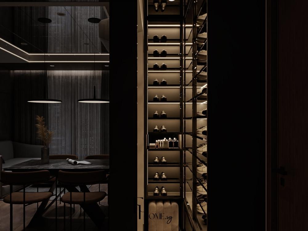 Phòng bếp phong cách Luxury, sử dụng marble, gỗ óc chó, tông màu nâu và đen