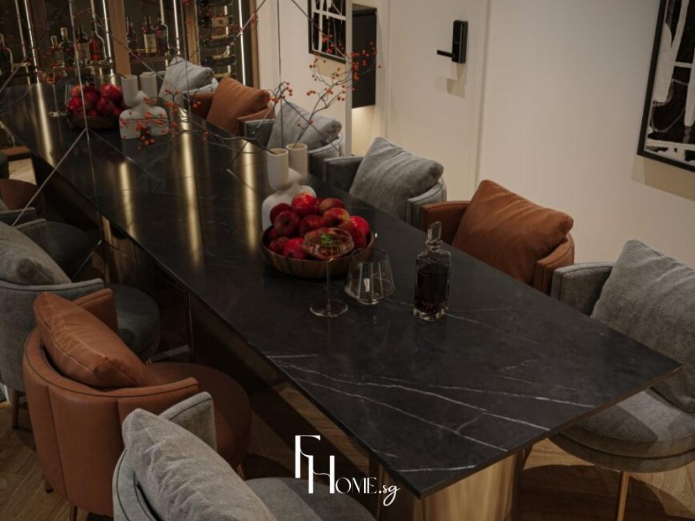 Phòng bếp phong cách Luxury trong căn hộ 75m² với bộ bàn ăn sang trọng