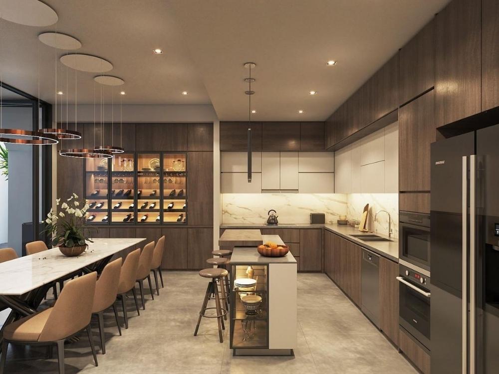 Phòng bếp phong cách Luxury với đá cẩm thạch, gỗ quý, kim loại mạ vàng