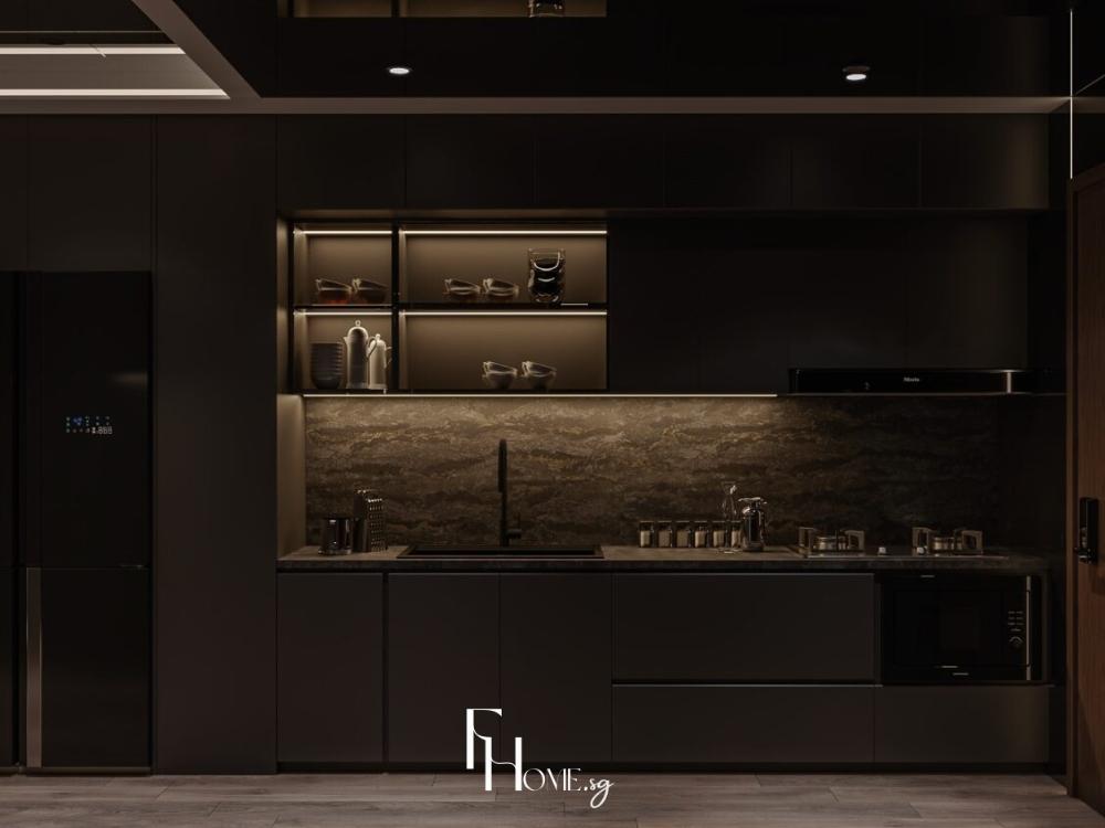 Phòng bếp phong cách Luxury với tủ bếp bóng mặt bàn đá cẩm thạch vân tự nhiên, đèn ánh vàng