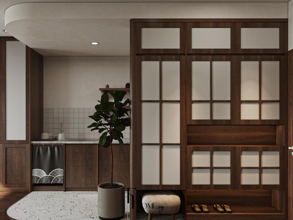 Phòng bếp phong cách Nhật Bản, tủ bếp gỗ sáng