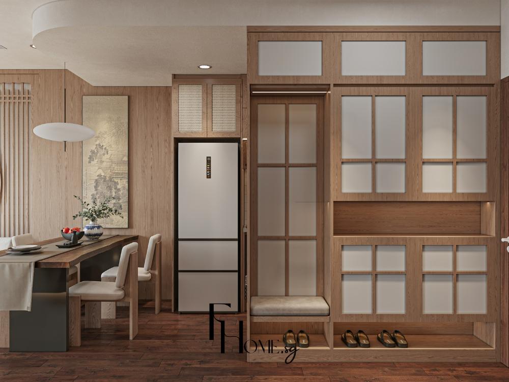 Phòng bếp phong cách Nhật Bản với bàn ăn gỗ thấp mang lại cảm giác ấm cúng, thân mật và đậm nét truyền thống Nhật