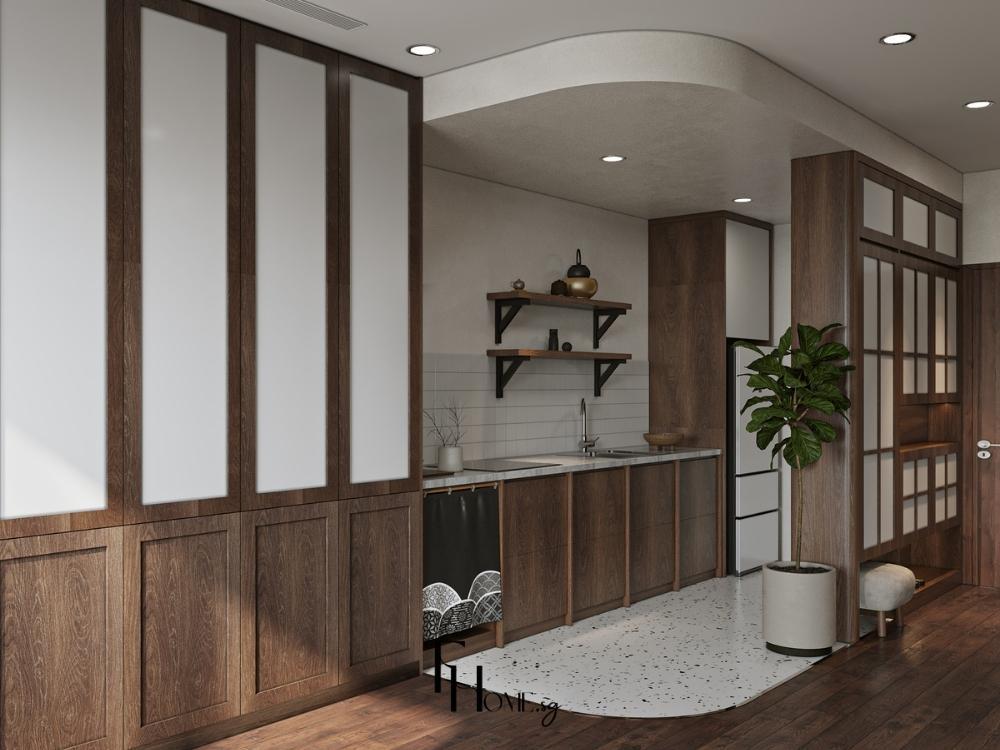 Phòng bếp phong cách Nhật Bản với gỗ tự nhiên, thiết kế đơn giản, tinh tế