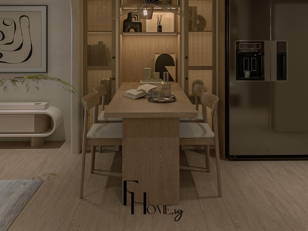 Phòng bếp phong cách Nhật Bản với hệ tủ gỗ sáng màu, bề mặt phẳng mịn và bố cục gọn gàng giúp không gian luôn sạch sẽ