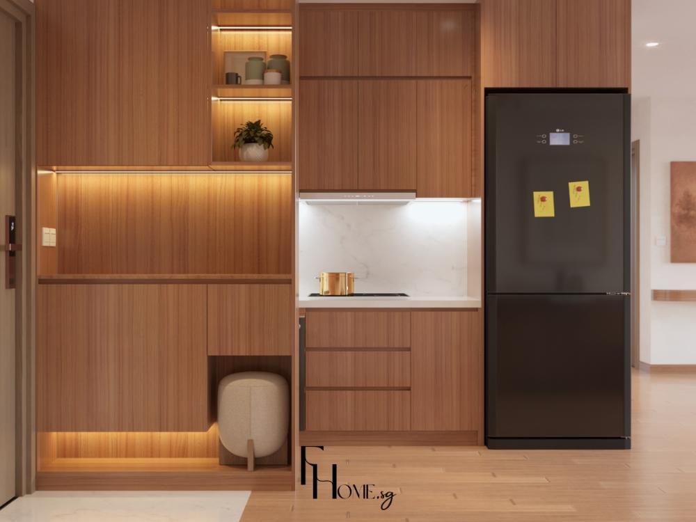  Phòng bếp phong cách Nhật Bản với tủ gỗ sáng và ánh sáng tự nhiên dịu nhẹ từ cửa sổ giấy Washi.