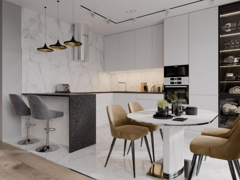 Phòng bếp phong cách Scandinavian tích hợp liên thông phòng khách