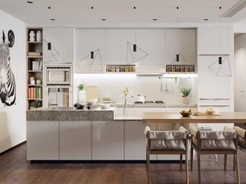 Phòng bếp phong cách Scandinavian với gỗ sáng màu, đá và vải tự nhiên, kết hợp gam màu trắng