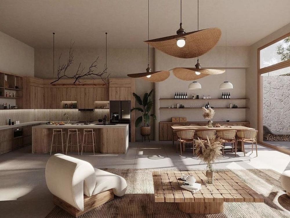 Phòng bếp phong cách Scandinavian với tủ bếp gỗ sáng màu, bàn đảo và ánh sáng tự nhiên