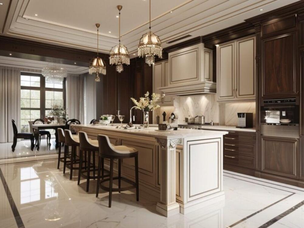 Phòng bếp phong cách Tân cổ điển liên thông phòng khách