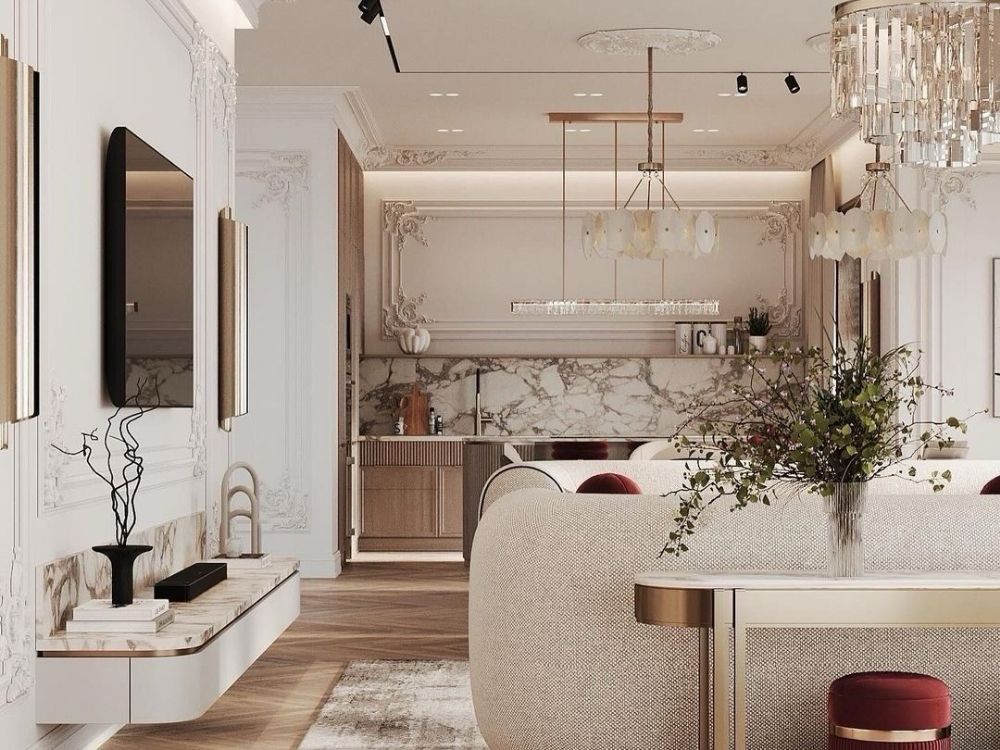 Phòng bếp phong cách Tân cổ điển liên thông phòng khách