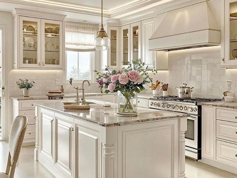 Phòng bếp phong cách Tân cổ điển sử dụng gỗ tự nhiên, đá hoa cương và gam màu trắng