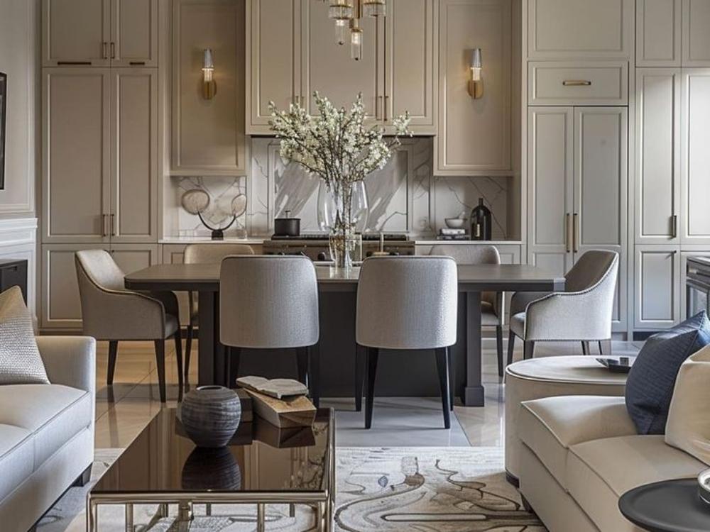 Phòng bếp phong cách Tân cổ điển với các vật liệu cao cấp như đá hoa cương và gỗ tự nhiên