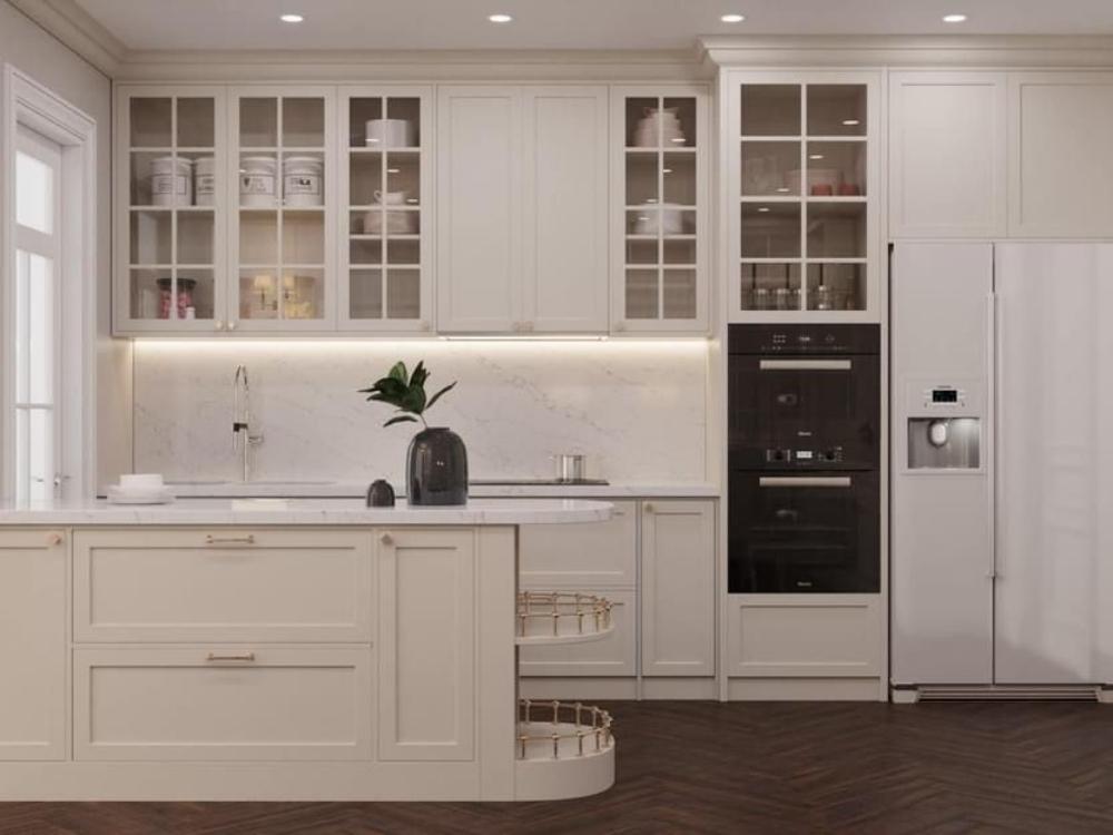 Phòng bếp phong cách Tân cổ điển với tông màu trắng tinh tế
