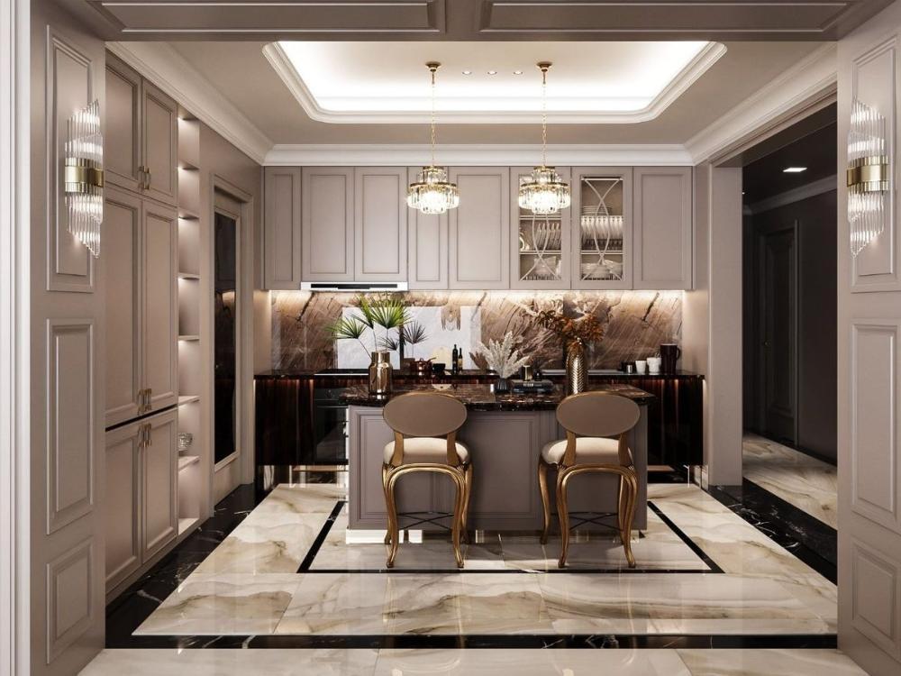 Phòng bếp phong cách Tân cổ điển với tủ bếp gỗ cao cấp, bàn đá hoa cương và ánh sáng vàng