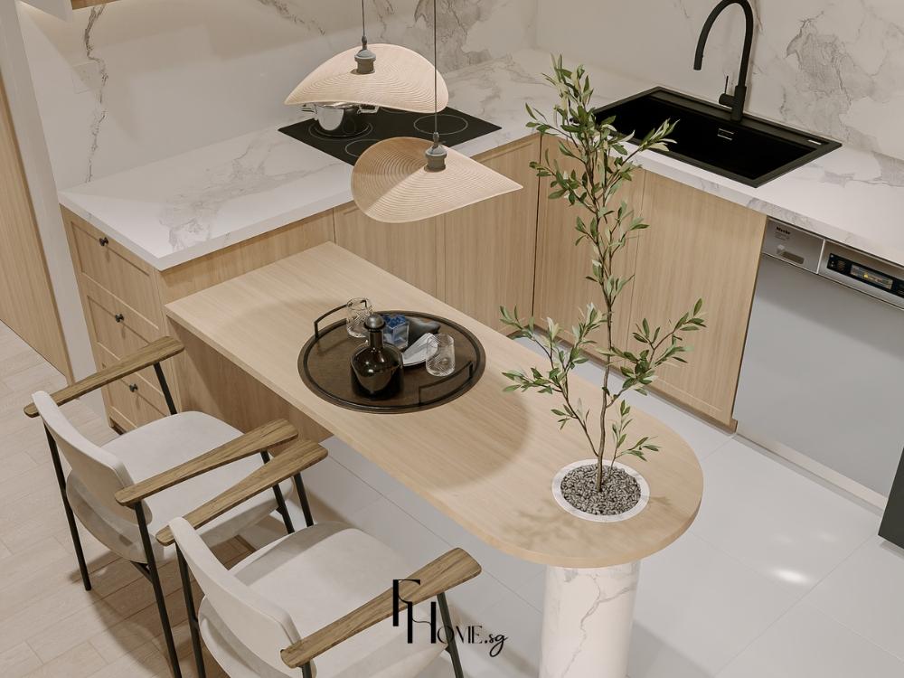 Phòng bếp phong cách Tropical với cây xanh trang trí trên bàn ăn