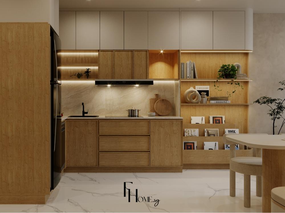 phòng bếp phong cách Tropical với mặt đá trắng, tủ bếp gỗ tự nhiên