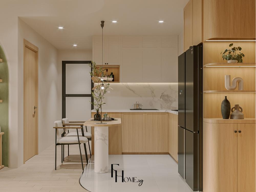 Phòng bếp phong cách Tropical với tủ bếp gỗ tự nhiên