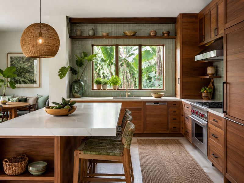 Phòng bếp phong cách Tropical với tủ gỗ, đảo bếp mặt đá trắng, đèn mây tre và cửa sổ nhìn ra mảng xanh