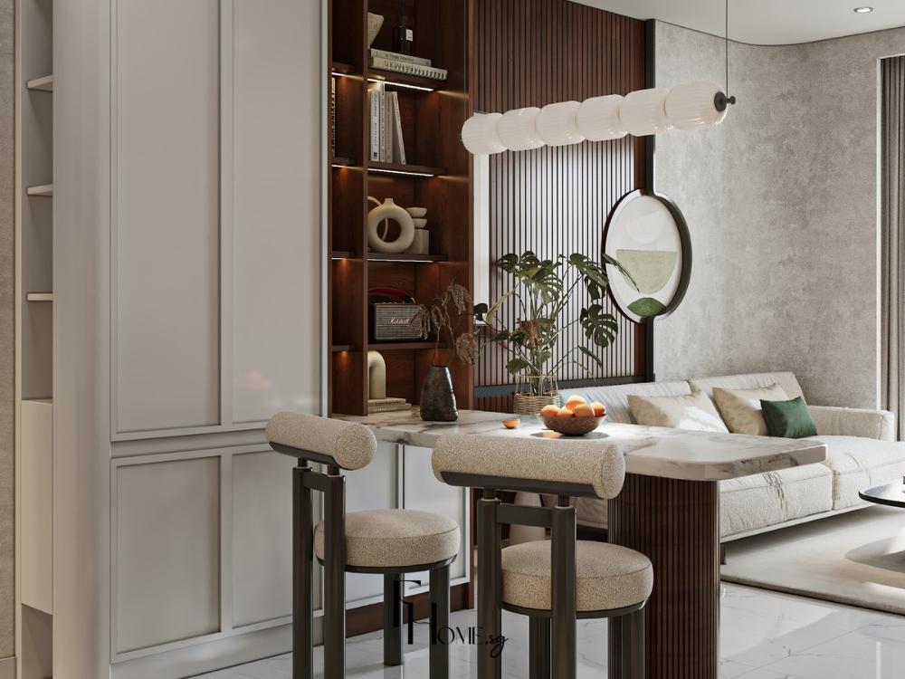 Phòng bếp phong cách Wabi Sabi liên thông phòng khách