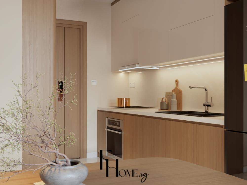 Phòng bếp phong cách Wabi Sabi với đồ nội thất bằng gỗ tự nhiên, không gian nấu ăn thoải mái