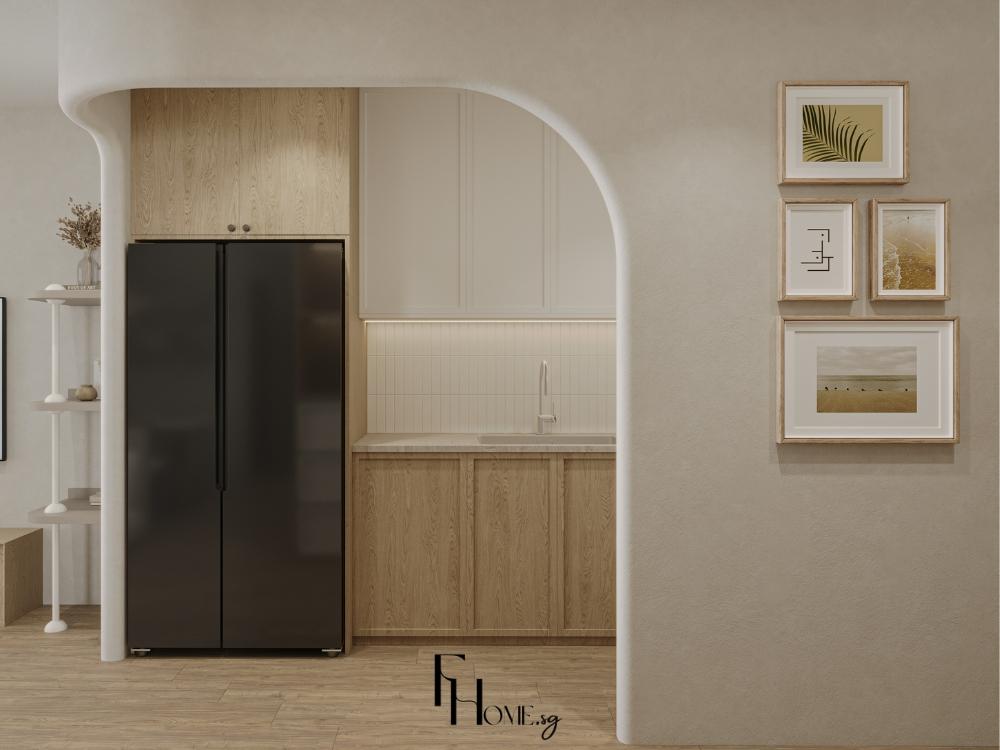 Phòng bếp phong cách Wabi Sabi với tre nứa, đất sét nung, màu trung tính và đường nét nội thất gọn gàng tạo không gian mộc mạc, tự nhiên và tinh giản