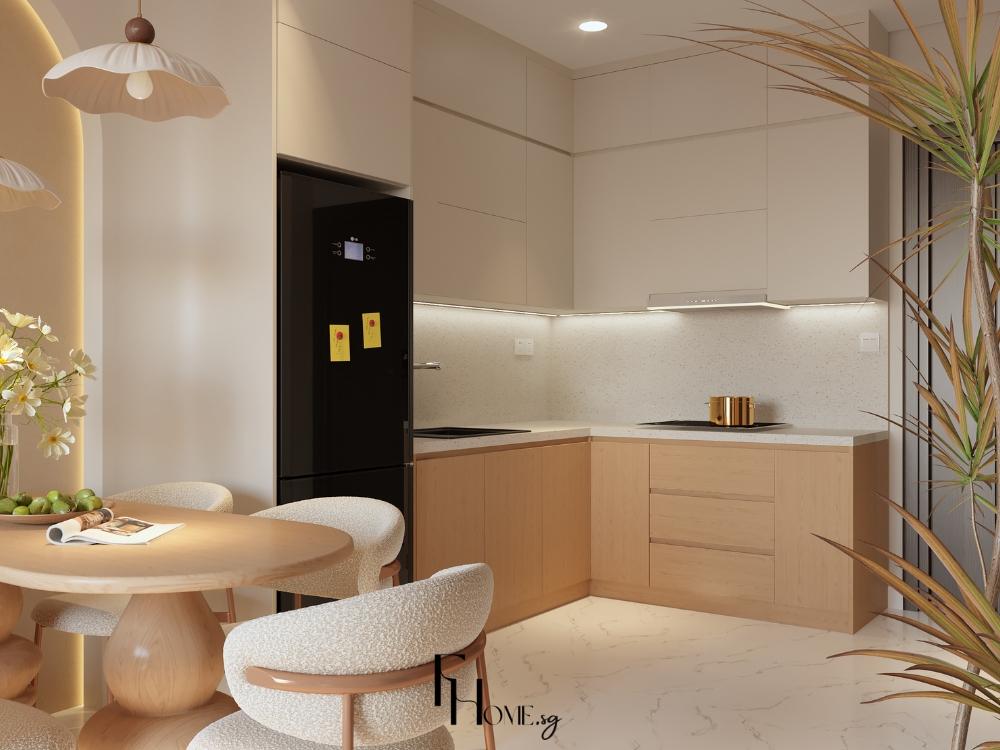 Phòng bếp phong cách Wabi Sabi với tủ bếp gỗ tự nhiên, mặt bàn đá thô và kệ mở