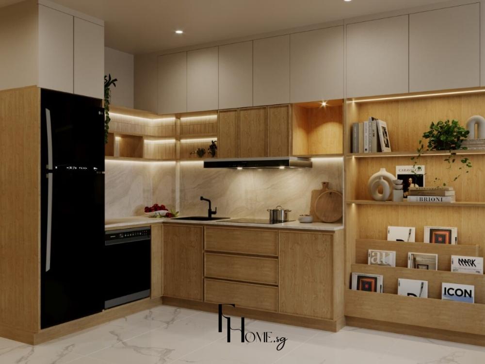 Phòng bếp phong cách Wabi Sabi với tủ gỗ mộc màu nâu đất, mặt bàn đá nhám