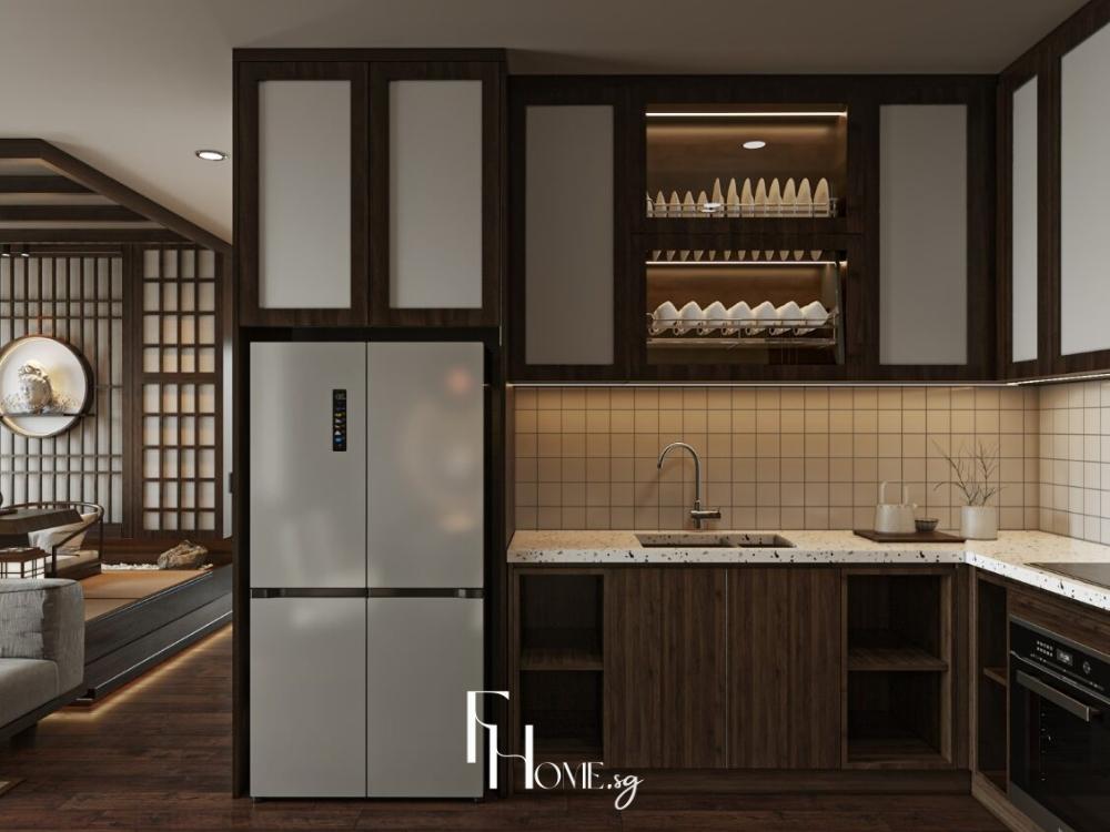 Phòng bếp phong cách Zen với tủ gỗ sáng ánh sáng trắng dịu và tường xám nhạt.